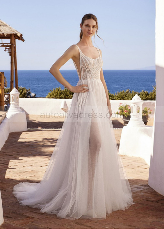 Scoop Neck Ivory Beaded Lace Glitter Tulle Dazzling Wedding Dress